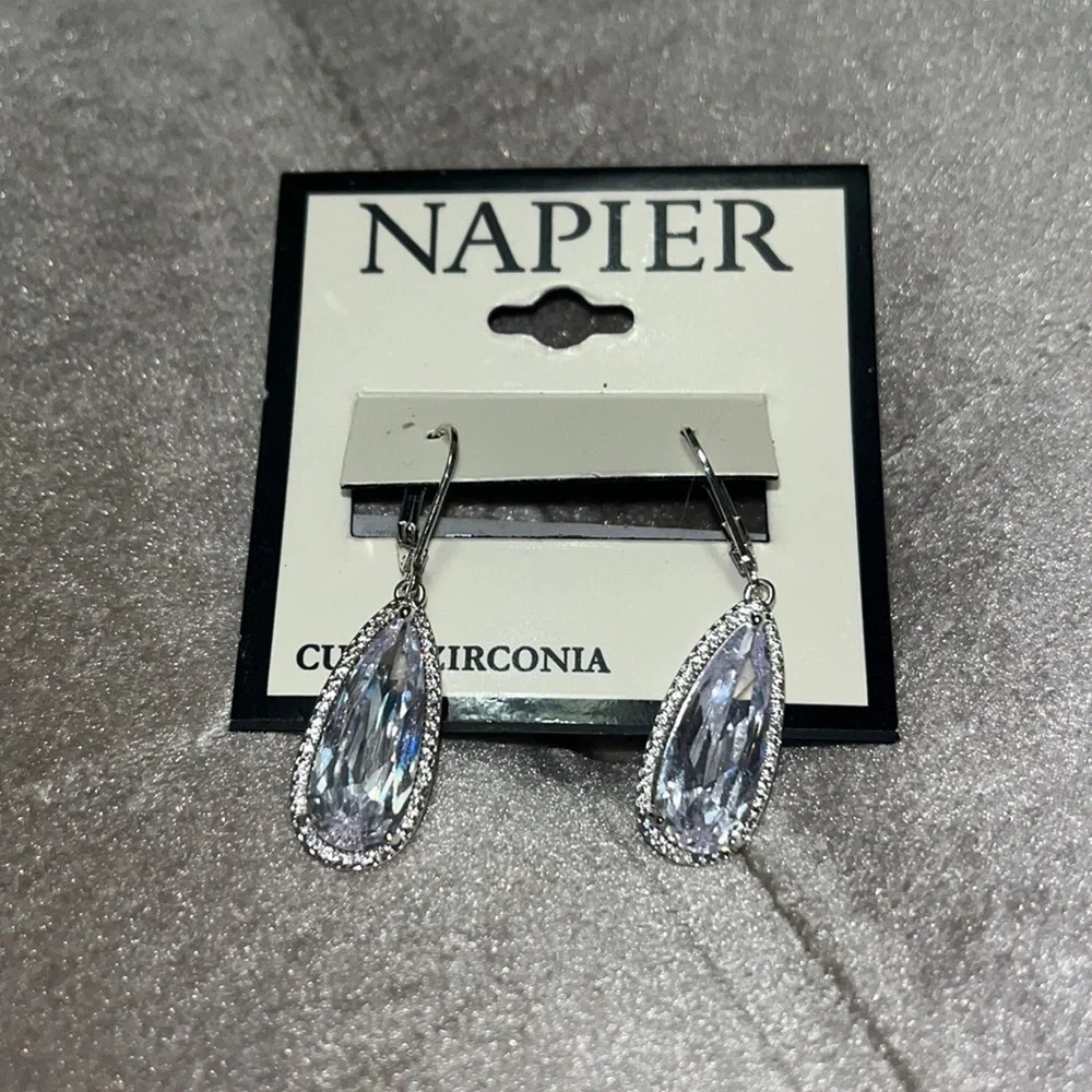 Napier silver lever back earrings with pear shaped crystal, new